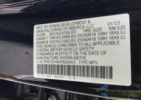 2023 Honda Pilot Awd Ex-L 8 Passenger z USA, uszkodzony, nr VIN 5FNYG1H43PB004003